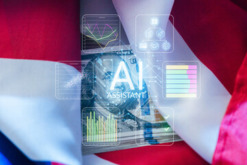 Money and technology blend with AI assistant graphics superimposed on a national flag background in a creative display