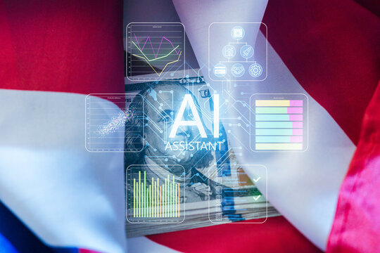 Money and technology blend with AI assistant graphics superimposed on a national flag background in a creative display