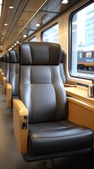 Fototapeta premium Warm leather seats and a wooden table create a cozy atmosphere in an inviting setting during a calm afternoon