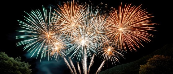 Obraz premium Bright and vibrant fireworks burst in the night sky, creating a dazzling display of colors and patterns that enchant the viewers