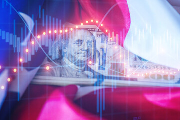 Visual representation of financial markets with currency and stock charts on a background of a national flag