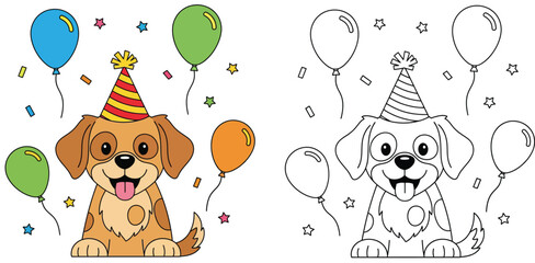 Cute Cartoon Puppy Dog in Party Hat with Balloons and Confetti - Happy Birthday Illustration for Kids