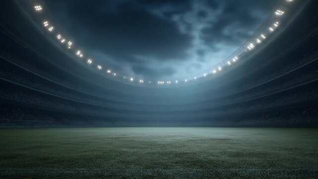 Empty stadium at night with lighting green field dramatic atmosphere
