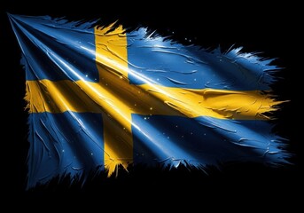 Tattered swedish flag waving with dramatic lighting and texture