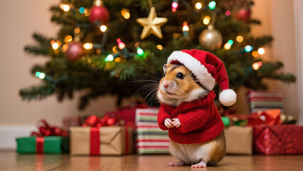 A Festive Hamster's Holiday Portrait Under the Glowing Tree Awaits Gifts in a Cozy Scene with a Tiny Santa Hat and Red Sweater, Radiating Joy and Anticipation