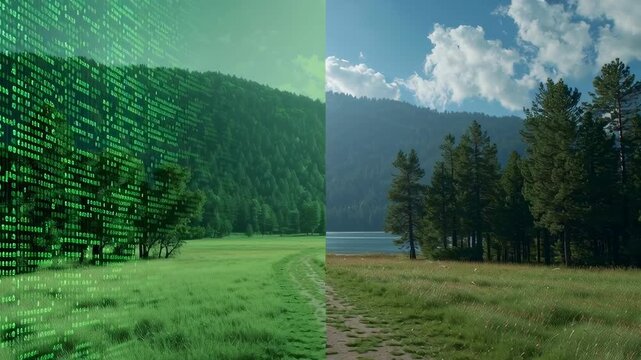 Digital Split Screen Effect Featuring Nature and Data Visualization in a Green and Blue Color Scheme