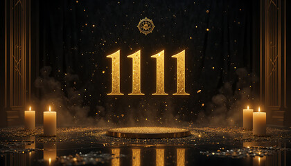 Fototapeta premium Mystical golden 1111 numerology symbol with candles and smoke in a dark ornate setting evoking spirituality and manifestation