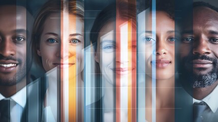 Digital View of a Business Screen Displaying Five Diverse Faces of Female and Male Professionals, Ideal for Virtual Meeting or Team Collaboration Concepts.