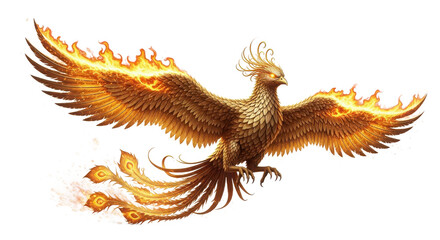 Fototapeta premium Majestic mythical phoenix bird with fiery wings and tail glowing with intense orange and yellow flames isolated on transparent background