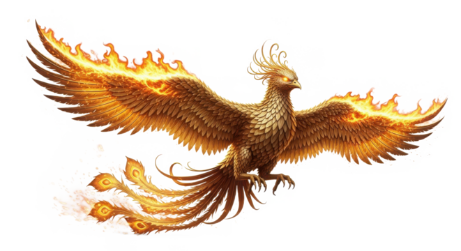 Majestic mythical phoenix bird with fiery wings and tail glowing with intense orange and yellow flames isolated on transparent background