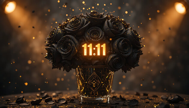 Mystical bouquet of dark roses illuminated by glowing 1111 digits in a golden vase with falling confetti and dramatic spotlight lighting