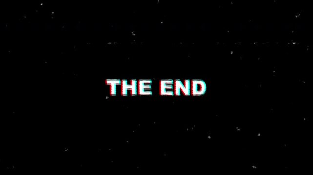 THE END glitch VHS retro static old film suitable for movie endings, video conclusions, retro-themed projects, and cinematic finales.