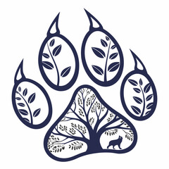Bear paw print with a tree and a wolf inside, a nature and animal concept © Atiar