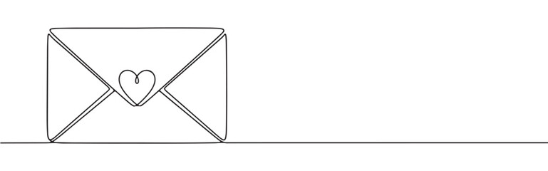 Continuous line drawing of an envelope with a heart, representing love messages, mail, or special correspondence, isolated on a white background.