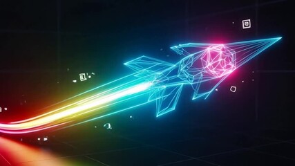 Dynamic neon rocket ship streaks through abstract digital space leaving vibrant light trails representing innovation and future growth - Powered by Adobe