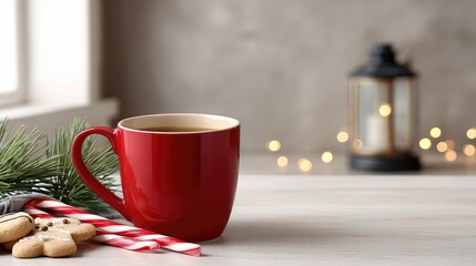 Obraz premium Festive cookies and a hot drink with marshmallows are set near a glowing Christmas tree, creating a warm holiday atmosphere