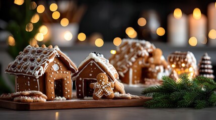 A sweet chocolate house stands beautifully on a plate, surrounded by icing and candles creating a warm atmosphere for dessert time