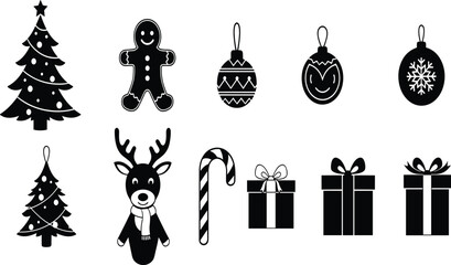 Black and white Christmas icons including tree, gingerbread, ornaments, reindeer, candy cane, snowman, Santa hat, gifts, festive holiday vector illustration design