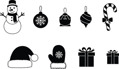 Black and white Christmas icons including snowman, ornaments, candy cane, Santa hat, mitten, gift boxes, festive holiday vector illustration design elements