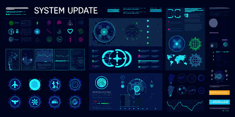 Futuristic digital interface displaying system update progress with various data visualizations and icons