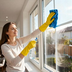 woman cleaning the window