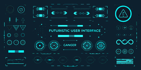 Futuristic user interface with cyan neon elements and digital data displays on dark background