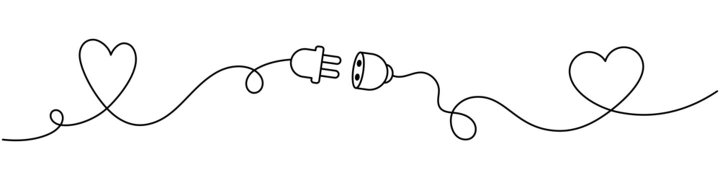 Two hearts connected by electric plug and socket in one continuous line. Minimalistic outline illustration symbolizing love, connection, energy, relationship, romance, and unity concept for design