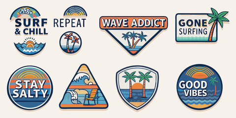 Collection of retro style surf beach vacation patches with palm trees and ocean waves