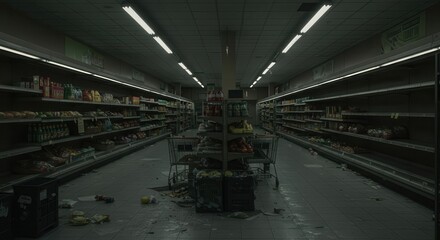 Dimly lit grocery aisle shows signs of extensive disorder and emptiness under fluorescent lighting