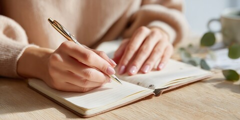 Close-up of a woman writing in a notebook at a wooden table. A pair of eyeglasses lies nearby. The setting feels calm and focused, ideal for journaling, planning, or studying.