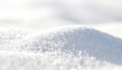 Close up macro shot of glistening fresh snow texture with soft white background and bright sunlight creating sparkling highlights on a cold winter day