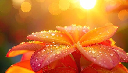 Close up Macro shot of a vibrant orange frangipani flower petals covered in water droplets glistening in the warm golden sunlight with a soft bokeh background