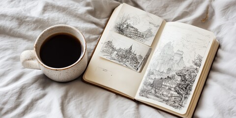 Top view of an open travel sketchbook with detailed ink drawings of buildings and landscapes, lying on a bed with a cup of black coffee nearby. Cozy morning light and soft fabric create a calm