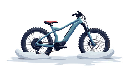 Fototapeta premium Electric bike with snow tires on white background with snow piles, concept of winter transport and eco mobility