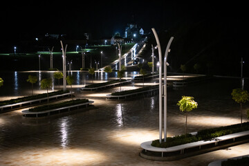 Modern plaza with illuminated alleys and decorative trees at night, creating balanced composition of light and urban minimalism.