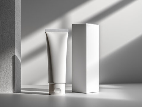 光と影のある白い化粧品チューブと外箱のモックアップ。スキンケア・洗顔料・クリームのパッケージデザイン用テンプレート /
White cosmetic tube with packaging box mockup in dramatic light and shadow for skincare, cleanser, and cream product design