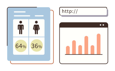 Gender percentage comparison, browser bar, and bar chart dashboard. Ideal for data analytics, demographics, research, web tools, digital insights, statistics simple flat metaphor