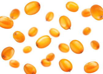 Fresh sea buckthorn berries in air on white background
