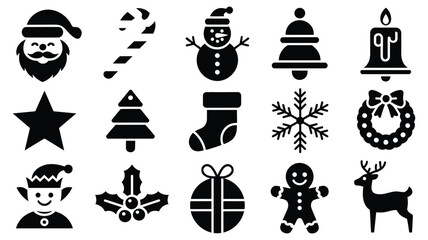 christmas and winter holiday silhouette icon set — 16 black vector symbols including santa, tree, snowflake, wreath, reindeer