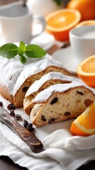 A soft loaf filled with nuts and adorned with sweet icing is displayed next to a juicy orange slice and pecans, perfect for enjoyment