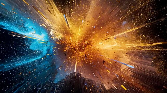 Spectacular cosmic explosion of orange and blue energy clouds colliding in deep space with radiant particles creating dramatic galactic burst