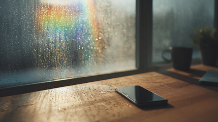 Smartphone on a Wet Wooden Table With Rainbow Rays
