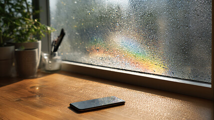 Rainy Day Reflections A Smartphone on a Wooden Table by the Window