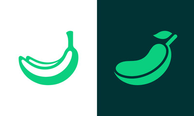 Two stylized green banana icons displayed side by side on a split white and dark background