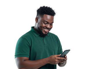 Smiling young Black man happily engages with his smartphone, radiating joy and modern connectivity, isolated on transparent background