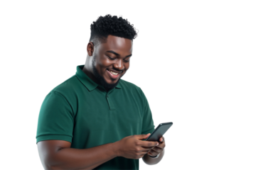 Smiling young Black man happily engages with his smartphone, radiating joy and modern connectivity, isolated on transparent background