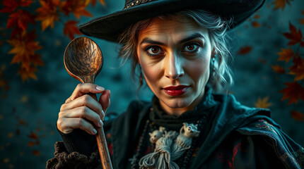 Portrait of woman dressed as witch with spoon against autumn foliage, illustration for fairy tale "Hansel and Gretel"