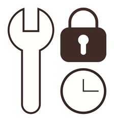 Wrench, lock, and clock symbols representing maintenance, security, and time management. Ideal for repair services, data safety, productivity efficiency reliability and planning. Simple flat