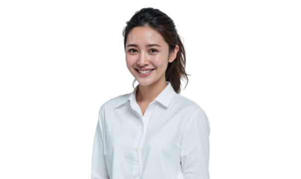 Cheerful young Asian woman with a friendly smile wearing a crisp white shirt, isolated on transparent background