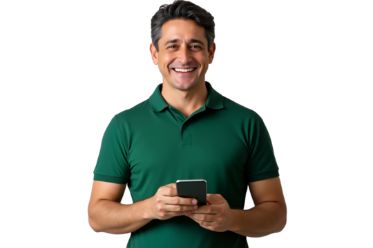 Joyful man in a green polo shirt holds a smartphone, happy with a new phone, isolated on transparent background